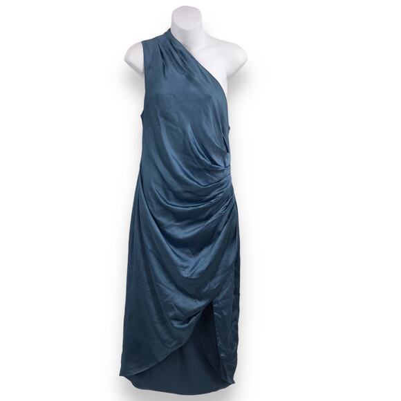 ELLIATT Cassini One Shoulder Dress L Satin Ruched Asymmetrical Hem Blue NWD - Picture 1 of 12
